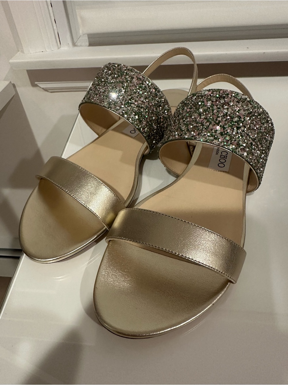 Jimmy Choo Gold Glitter Strap Women’s Sandals Sz 40.5 BNIB